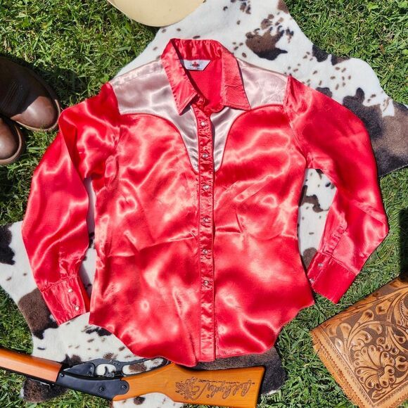 Red Satin Vintage Western Shirt MGW - Picture 3 of 3